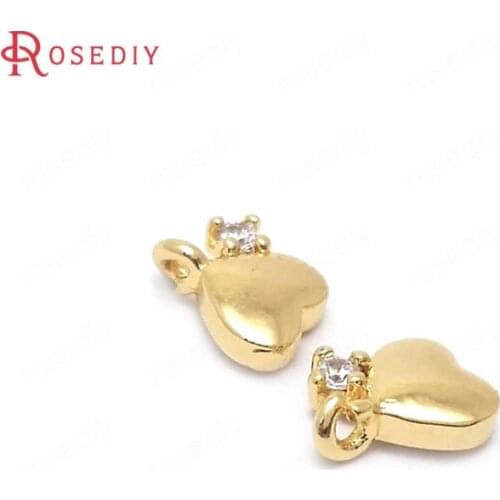34913)10PCS 7x6MM 24K Gold Color Brass with White Zircon Small Heart Charms Pendants High Quality Accessories Jewelry Findings