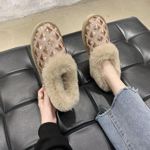 Lisapie Cotton Shoes non-slip Plus velvet Bread Shoes Sequins Plush Shallow Mouth Snow Boots Women Winter New Warm Short Boots