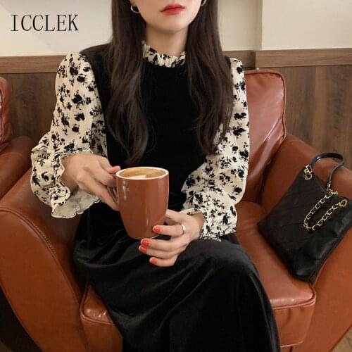 Elegant Stand-Up Collar Flocking Stitching Fake Two-Piece Velvet Dress 2021 Spring Autumn New One-Piece Vintage Dress Female