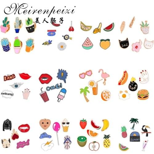 19 Styles Brooch Pin Enamel Cute Animal Dog Cat Fruit Ice Cream Lapel Pin Collar For Women Girl Hat Scarf Pins Brooches Set
