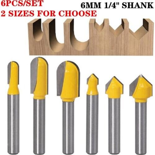 6pcs 6mm Shank Wood Router Bit Straight T V Flush Trimming Cleaning Round Corner Cove Box Bits Milling Cutter for Wood