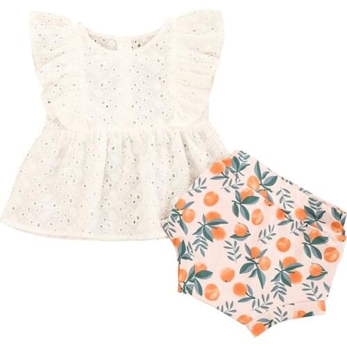 2021 Toddler Baby Girls Two-piece Clothes Set White Solid Color Fly Sleeves Round Collar Tops and Shorts Girls Clothing Suit