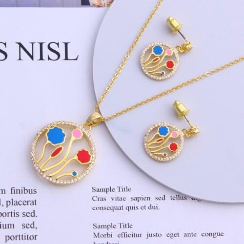 Fansheng Top Quality Jewelry Set Earrings Zircon Necklace Enamel vintage sets Colorful Flower Round Pendant for Mother gifts