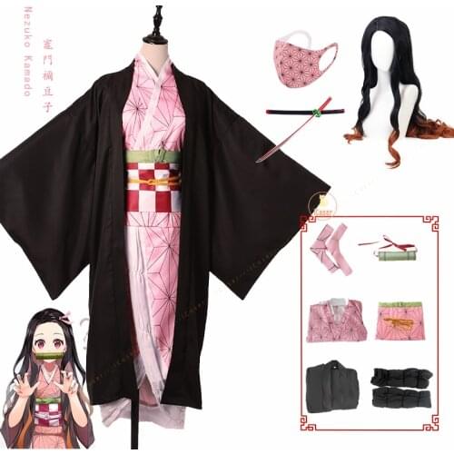 Kimetsu no Yaiba Nezuko Kamado Cosplay Costume Demon Slayer Katana Japan Anime Kimono Pink Dress Girls Women Long Wig Cos Props