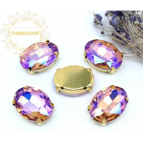 Water red AB Dazzle color oval shape Glass Crystal sew on rhinestones with GOLD four claw Diy weddingdress Free shipping