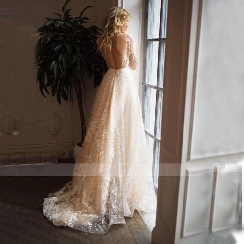 Lace Applique Long Sleeves Champagne Wedding Dress Backless Tulle Charming Bridal Dresses Vestidos noiva