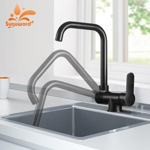 Suguword Matte Black Kitchen Faucet 304 Stainless Steel Sink Deck Mounted Rotatable Hot and Cold Water Mixer Tap Crane