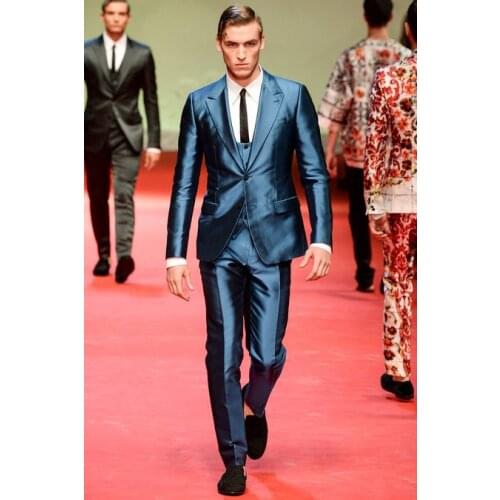 Latest Coat Pant Designs Blue Satin Men Suit Slim Fit Tuxedo 3 Piece Groom Prom Party Blazer Terno Masculino Jacket+Pant+Vest F8
