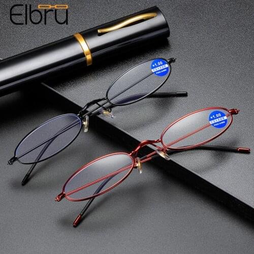 Elbru Fashion Small Reading Glasses Metal Frame Resin Lens Mini Presbyopic Glasses With Aluminum Alloy Case Diopters +1.0 +4.0