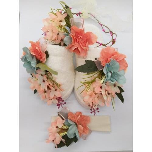 Gray Floral Postpartum Slippers, Hair Hoop and Baby Headband, 3-pack Postpartum