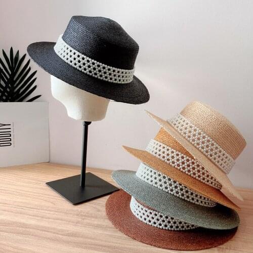 NeW Fashion Womens Summer Hats Elegant Pearls Band Ladies Boater Sun Hat Fine Quality Raffia Straw Fedora Hat Derby Hat 6 Color