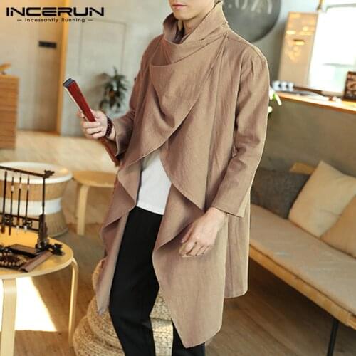 INCERUN Men Trench Fashion Turtleneck Ponchos Capes Cloak Cotton Long Sleeve Casual Jackets Coats Outwear Windbreaker Streetwear