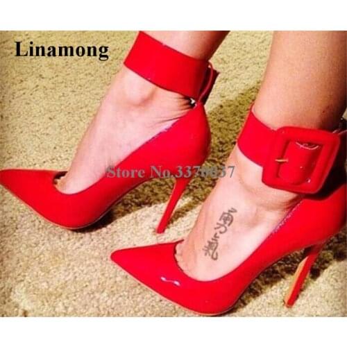 New Fashion Women Pointed Toe Red Pink Patent Leather Stiletto Heel Pumps Ankle Strap Big Button High Heels Wedding Shoes