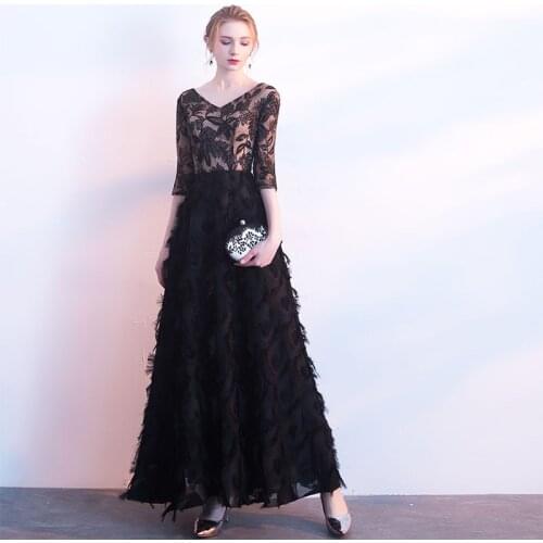 In Stock Robe De Soiree Cheap Long Evening Dresses V-neck Formal Party Dresses Half Sleeves Lace Top Vestido De Noite Longo