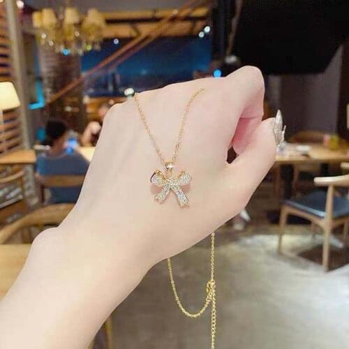 Korean Fashion Full Zircon Crystal Bowknot Pendant Women Clavicle Necklaces Female Sweet Elegant No Fade Neck Chain Jewelry Gift