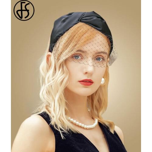 FS Fascinators Black Hat With Veil For Women Elegant Pink Wedding Hats Headband Mesh Gauze Tea Party Formal Cocktail Church Hats