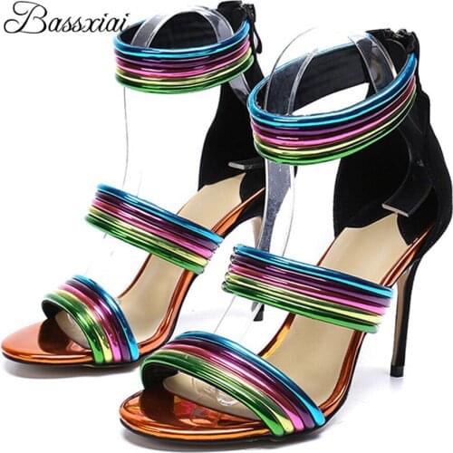 Colorful Narrow Band Runway Sandalias Mujer 10cm Thin Heels Back Zip High Heels Party Sandals For Girls Women Summer