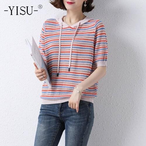 YISU 2021 Women Casual Short Sleeve Sweater Pullover Tees Summer Hooded collar Stripe Slim Knitted pullover Female Thin T-shirt