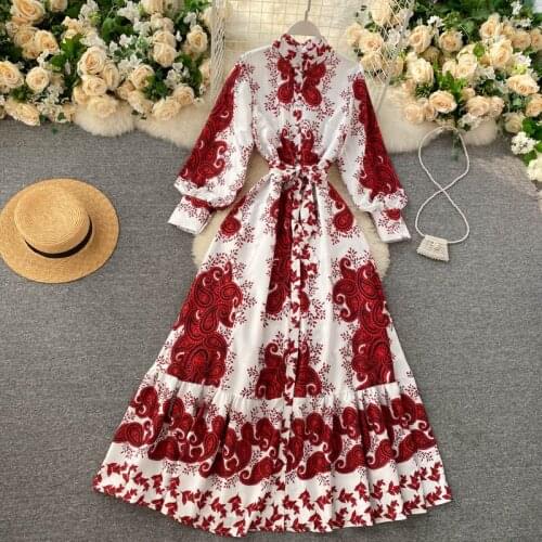 Women Design Print Maxi Dress Autumn Retro Stand Collar Long Sleeve A-line Dress Korean Chic Split Streetwear Long Robe