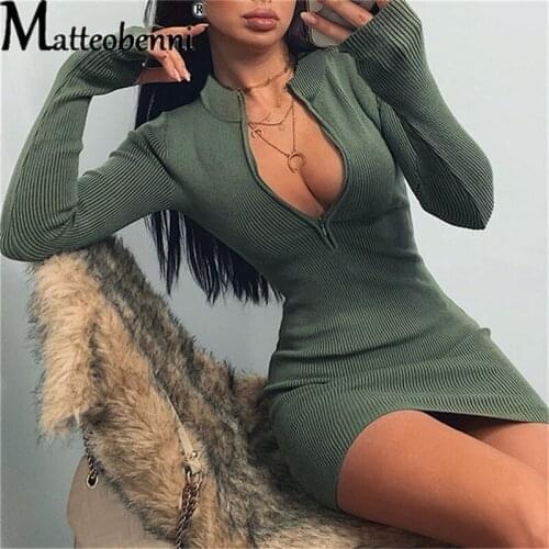 Women Spring Autumn Knitted Dress 2021 New Fashion Joker Neckline long-sleeve Deep V Neck Zipper Bag Hip Sexy Cultivate Vestidos