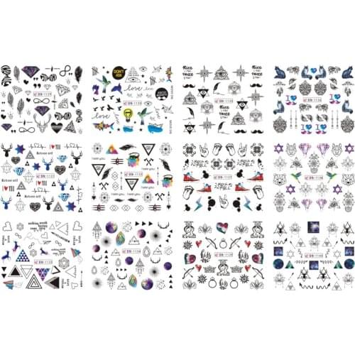 12 Sheets/Lot BN1129-1140 Black Starry Sky Triangle Alien Nail Polish Sticker Decal Water Tattoo Decoration Foils Wraps