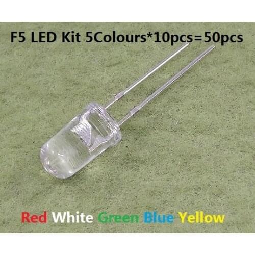 5 Colour * 10pcs=50pcs 5MM Transparent Cove LED F5 Red White Green Blue Yellow Assorted kit set pack Assortment DIY