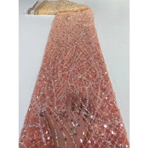 5yards/pc) High grade gradient peach African wedding tulle lace with tube beads and sequins bling bling French net lace FXZ095