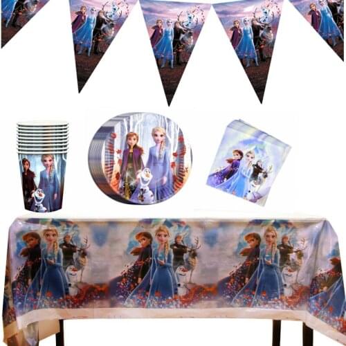 51pcs Frozen2 Princess Elsa Anna Birthday Baby Shower Girl Favor Party Tablecloth Plate Cup Napkin Flag Maks Straw Gift Bag Suit