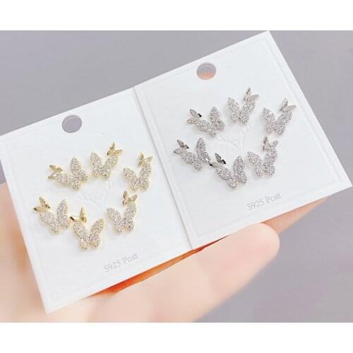 2021 New Design 6 Pcs 14K Gold Plated Delicate Butterfly Stud Earrings Luxury Jewelry Cubic Zircon Earrings