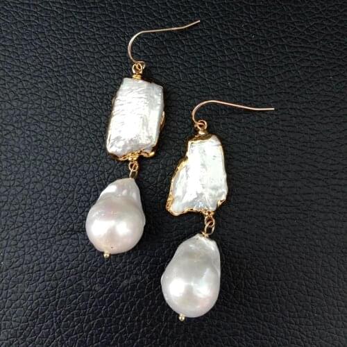 White Biwa Pearl Keshi Pearl Gold color Plated hook Earrings dangle earrings cute for women