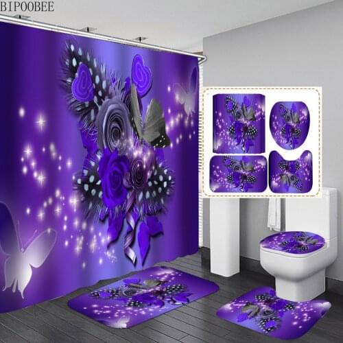 Purple Flower Butterfly Print Shower Curtain Waterproof Polyester Bathroom Curtains Toilet Cover Non-slip Carpet Bath Mat Rugs
