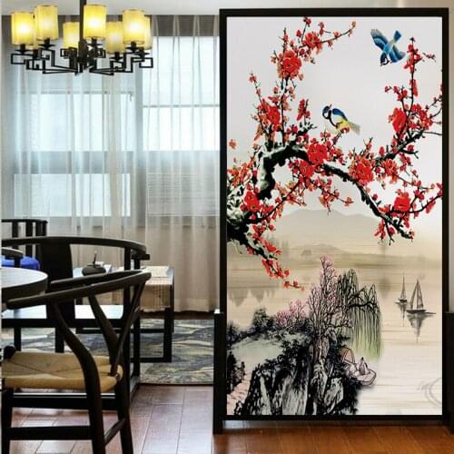 Customized Office Decoration Electrostatic Frosted Window Glass Sticker Translucent Opaque Toilet Chinese Landscape Painting