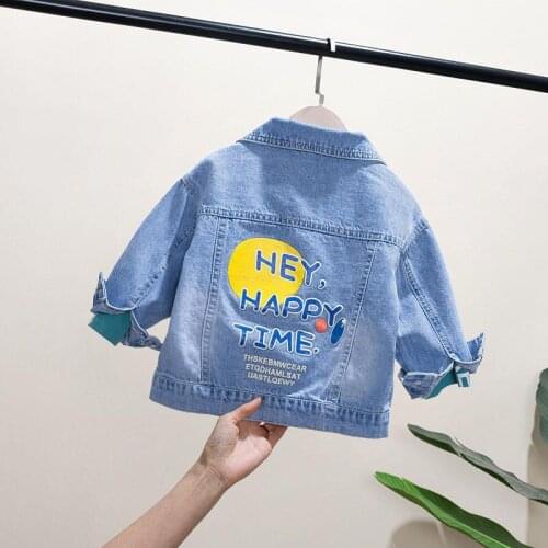 Kids Baby Denim Jackets Fashion Spring Autumn Letters Print Turn Down Collar Jean Outerwear Boys Girls Blue Casual Clothes Coat