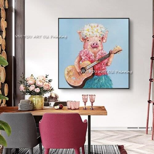 Handmade Pink Animal Pig And Guitar Oil Painting Home Decoration Art Canvas Pictures Modular Poster For Living Room No Frame