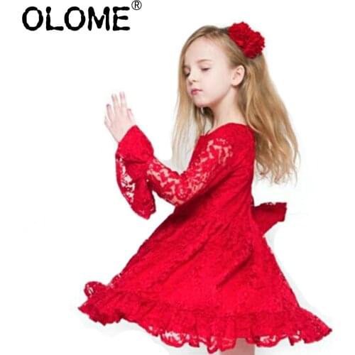 OLOME Full Floral Girls Lace Dress Openwork Lace Skirt Red Party Costume Children Elegant Prom Frocks 2-12Y Girls Casual Wear