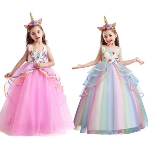 Summer dress Flower Unicorn Girls Dresses Rainbow Tulle Gown 6-14 Years Kids Clothes Halloween Carnival Christmas Prom clothing
