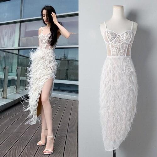 White Feathers Summer Womens Dress Sexy Spaghetti strap Irregual Length See Through Female Dress Midi Evening Dress 2021