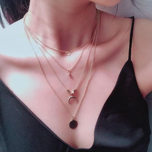 Multi-Layer Vintage Necklace Bohemian Four-Layer Tassel Necklace Moon round Plate Metal Pendant Necklace Female