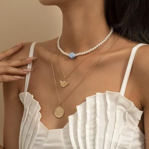 Fashion Gold Layered Necklaces for Women Bead Flowers Choker Angel Coin Pendant Necklace Trend Charm Bohemian Jewelry Gift