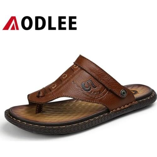 AODLEE Men Beach Sandals Slippers Genuine Leather 45 Summer Flip Flops Men Casaul Sandals Slides Shoes Sandalias Zapatos Hombre