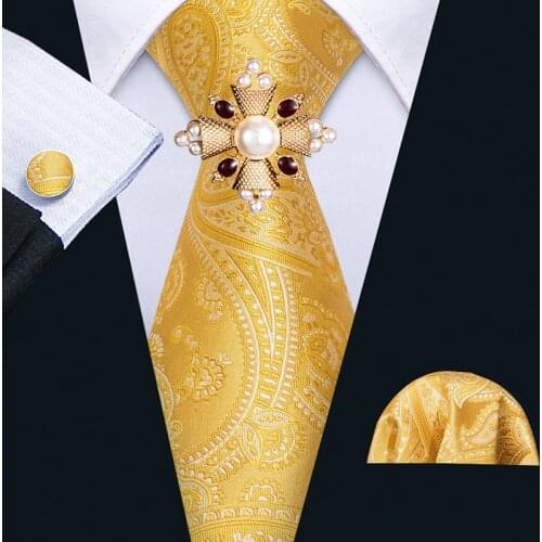 Mens Wedding Tie Gold Paisley Silk Tie Hanky Brooch Set Barry.Wang Jacquard Woven Fashion Designer Neck Ties For Men Party