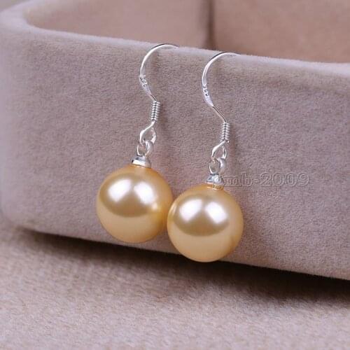Wholesale good Hot sale new Style >>>>12mm Yellow South Sea Shell Pearl 925 Sterling Dangle Earrings