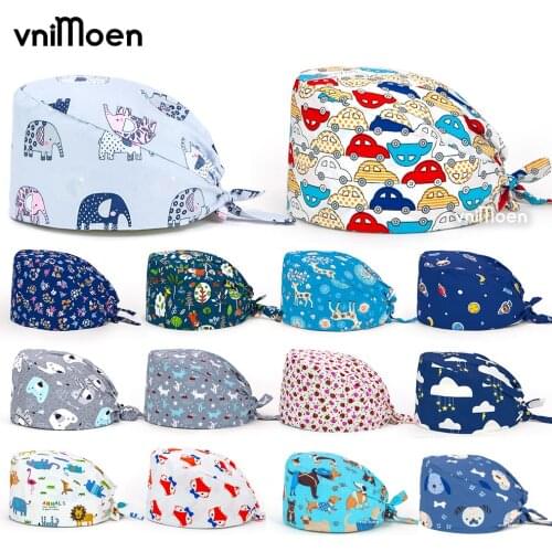 Wholesale unisex Animal cartoon printing adjustable scrub caps in 100% cotton scrub caps lab work hats chirurgie clinique Cap