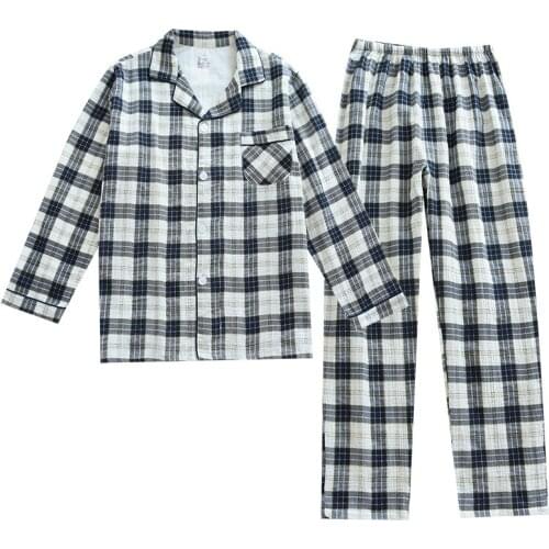 4 Seasons New Crepe Cloth Mens Womens Pajamas Double-layer Cotton Yarn Couples Pijamas Simple Plaid Long Sleeve Trousers Suit