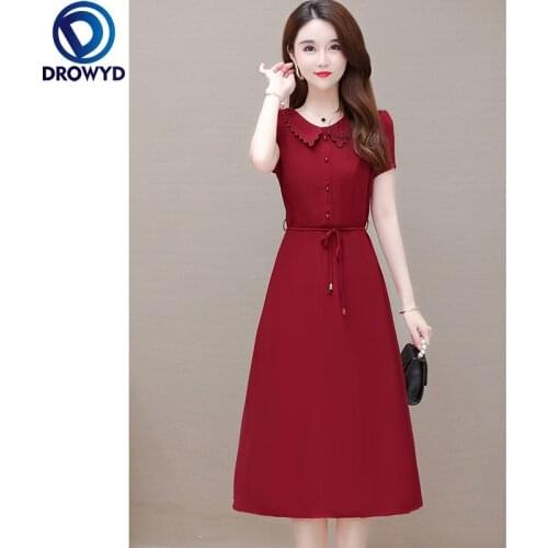 Casual Button O Neck Short Sleeve Party Mid-Length Dress Fashion Burgundy Solid Color Dress Korean Loose Simple Party Vestidos