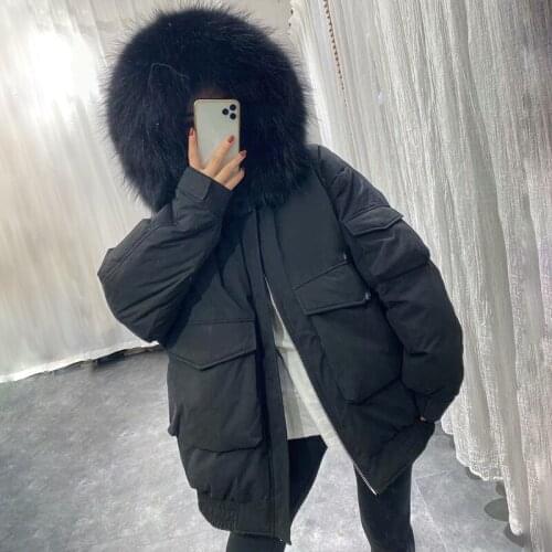 2021 New Winter Women White Duck Down Coat Female Real Raccoon Fur Collar Short Parka Thicken Loose Puffer Jacket Hooded Outwear