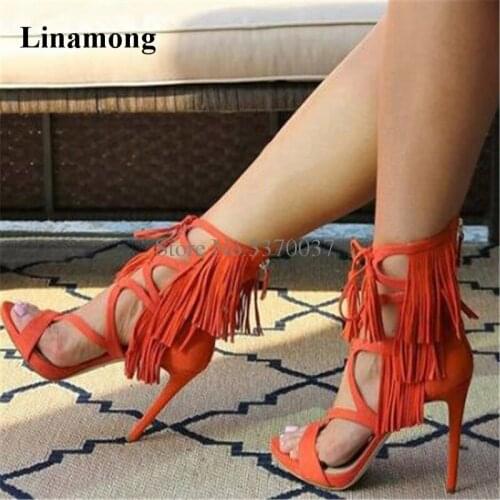 Women New Design Open Toe Suede Leather Tassels Stiletto Heel Gladiator Sandals Lace-up Strap Cross High Heels Sandals