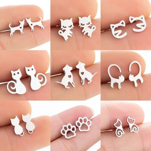 Lovely Stainless Steel Cat Earrings for Women Children Jewelry Trendy Cute Animal Dog Paw Stud Earrings Girls Birthday Gifts
