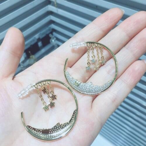 Copper Crystal Moon Star Stud Earrings For Women Pendientes Tassel Round Stud Fashion Jewelley