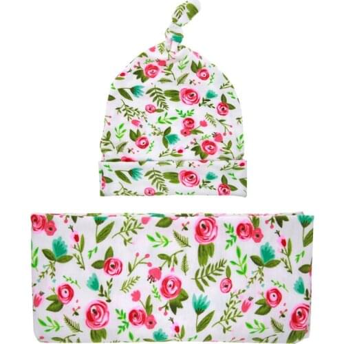 2019 Newborn Hats For Boys Girls Cap Baby Floral Receiving Blankets Swaddling Cotton Blankets With Hat Photography Props 90*90cm
